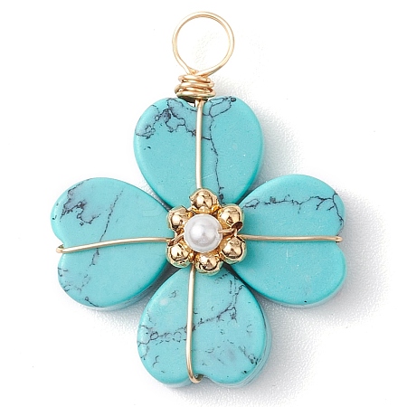 Synthetic Turquoise Clover Pendants PALLOY-JF03180-03-1