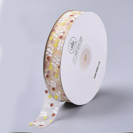 Flower Pattern Printed Polyester Organza Ribbons ORIB-Q034-03-1