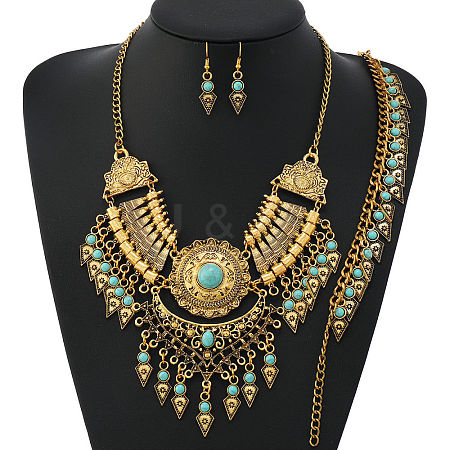 Alloy with Synthetic Turquoise Teardrop Tassel Pendant Necklaces & Dangle Earrings & Charm Bracelets Sets FS-WG69A95-04-1