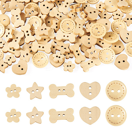 100Pcs 5 Styles Wooden Buttons BUTT-TA0001-46-1
