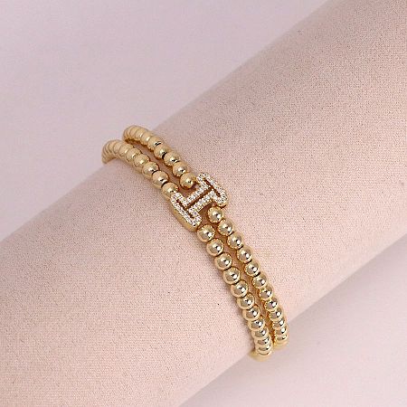 Brass Micro Pave Clear Cubic Zirconia Beads Double Strands Stretch Bracelets for Women FS-WGC7159-09-1