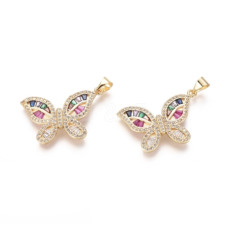  Jewelry Beads Findings Golden Plated Brass Pendants, with Cubic Zirconia, Butterfly, Colorful, 29x25x3mm, Hole: 3.5x5mm