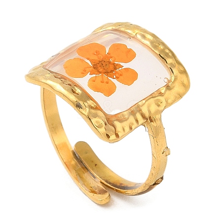 Dark Orange Square Epoxy Resin with Dry Flower Adjustable Rings RJEW-G304-03G-01-1