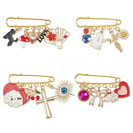 4Pcs 4 Styles Alloy Enamel & Lampwork & Glass Dog Heart Rabbit Charm Iron Kilt Pins JEWB-FH00046-1