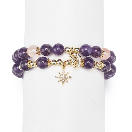 2Pcs 2 Style Natural Amethyst & Rose Quartz Beaded Stretch Bracelets Set BJEW-JB09020-1