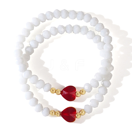 2Pcs Red Peach Heart Glass Beaded Stretch Bracelets for Women NV3222-1