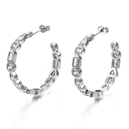 Brass Micro Pave Clear Cubic Zirconia Half Hoop Earrings EJEW-T046-011P-NF-1