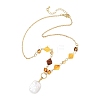 Rectangle Natural Baroque Keshi Pearl Pendant 304 Stainless Steel Natural Amber Rhombus Beaded Chain Necklaces NJEW-JN06664-4