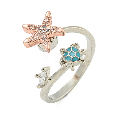 Turtle & Starfish Enamel Rotatable Cuff Rings for Women X-RJEW-M016-08P-1