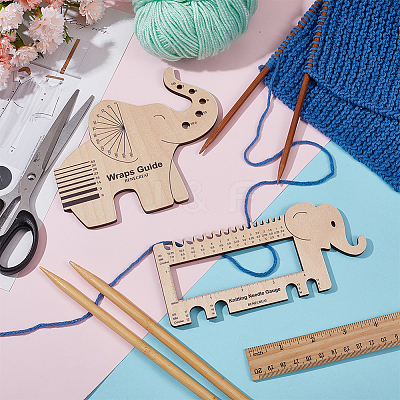 1 Set Elephant Shape Wooden Knitting Needle Gauge & Yarn Wrap Guide Board DIY-BC0006-94-1
