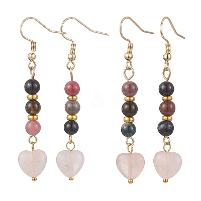 Valentine's Day Natural Multicolor Tourmaline & Natural Rose Quartz Dangle Earrings for Women EJEW-JE06955-1