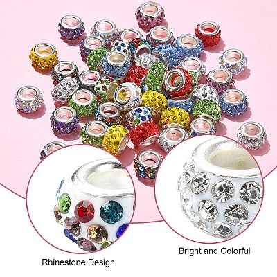 100Pcs 10 Colors Polymer Clay Rhinestone European Large Hole Beads with Silver Color Plated Brass Cores FIND-YW0004-88-1