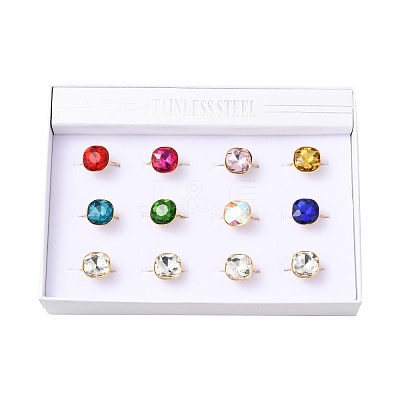 304 Stainless Steel with Glass Cuff Rings for Women RJEW-K309-41B-1