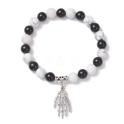 Halloween Brass Skeleton Hand Charm Natural Howlite and Black Onyx (Dyed & Heated) Round Beaded Stretch Bracelets BJEW-TA00683-1