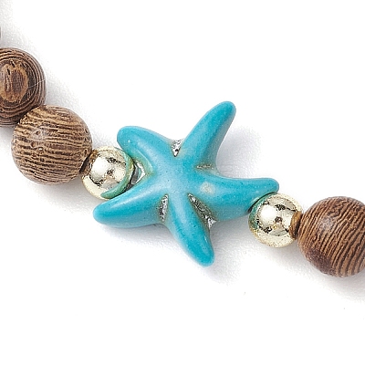 Summer Beach Starfish Dyed Synthetic Turquoise & 6mm Round Wenge Wood Beaded Stretch Bracelets for Women BJEW-JB10514-01-1