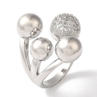 Brass Micro Pave Clear Cubic Zirconia Round Ball Open Cuff Rings for Women LS-RJEW-C098-18P-1
