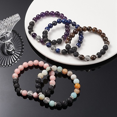Natural Lava Rock & Mixed Gemstone & Alloy Rose Beaded Stretch Bracelets BJEW-JB09401-1