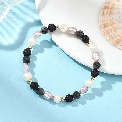 Natural Larvikite & Lava Rock Cultured Freshwater Pearl Beads Stretch Bracelets for Women BJEW-JB14084-1