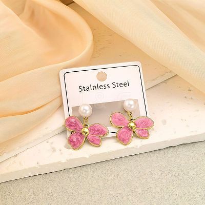 304 Stainless Steel Enamel Four Petal Flower Dangle Earrings WG22E93-01-1