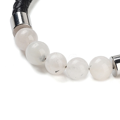 Natural White Moonstone Round Bead Braided Leather Cord Bracelets for Men Women BJEW-A009-11P-05-1