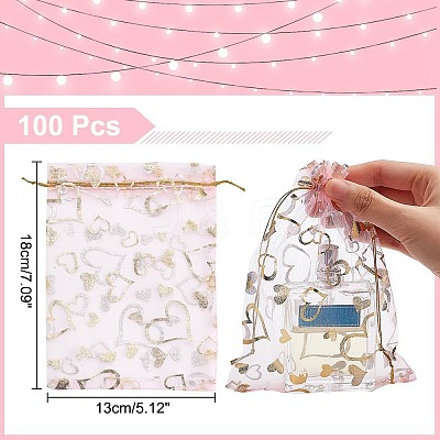 100Pcs Gold Stamping Heart Organza Gift Bags OP-PH0001-37B-1