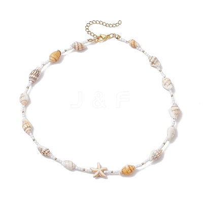 Synthetic Turquoise Starfish & Natural See Shell & Glass Seed Beaded Summer Beach Necklaces NJEW-TA00191-1