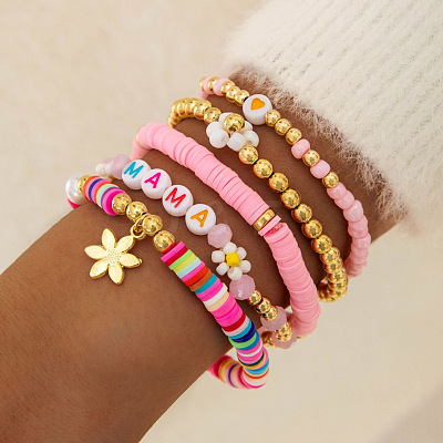 5Pcs 5 Styles Mother's Day Acrylic & CCB Plastic & Polymer Clay Beads Stretch Bracelets FS-WG063BF-04-1