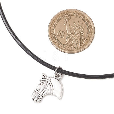 Horse Alloy Pendant Necklaces with Black Cowhide Leather Cord for Women NJEW-JN05873-1
