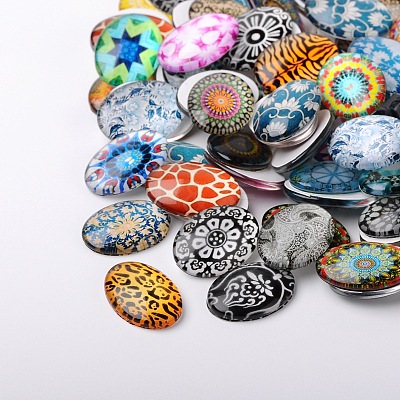 Mosaic Printed Glass Oval Cabochons GGLA-N003-18x25-G-1