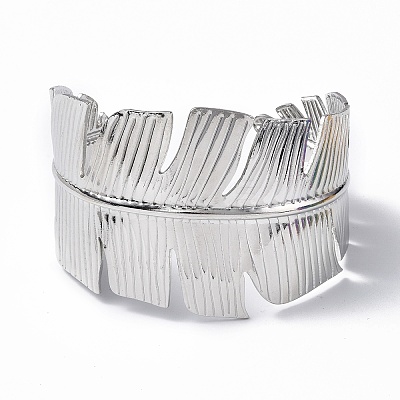 Non-Tarnish 304 Stainless Steel Feather Open Cuff Bangle for Women BJEW-F442-01P-1