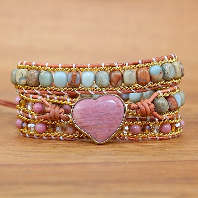 Bohemia Style Heart Natural Rhodochrosite & Shoushan Beads Multi-strand Bracelets FS-WGBC1C4-01-1