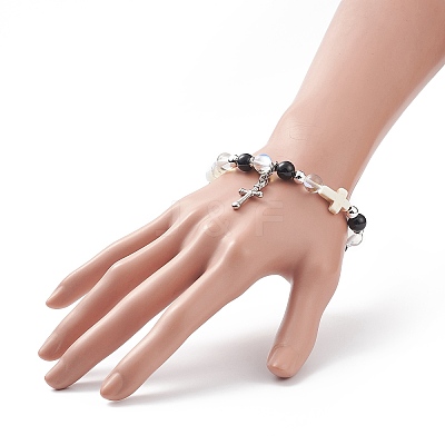Natural & Synthetic Mixed Stone Beaded Bracelet with Cross Charm BJEW-TA00184-02-1