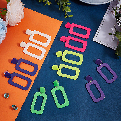 6 Pairs 6 Style Hollow Out Rectangle Acrylic Dangle Stud Earrings EJEW-AN0001-59-1