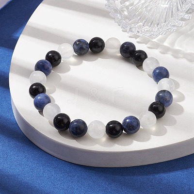 Natural Sodalite & Selenite & Eyeless Obsidian Round Beaded Stretch Bracelets BJEW-JB10114-02-1