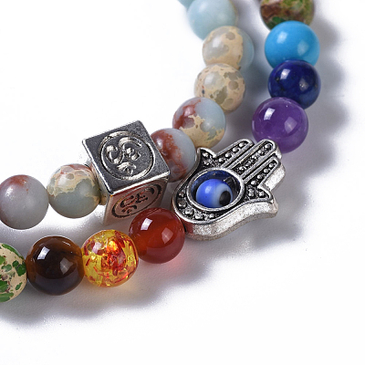 Two Loops Natural & Synthetic Gemstone Beads Warp Stretch Bracelets BJEW-JB04223-1