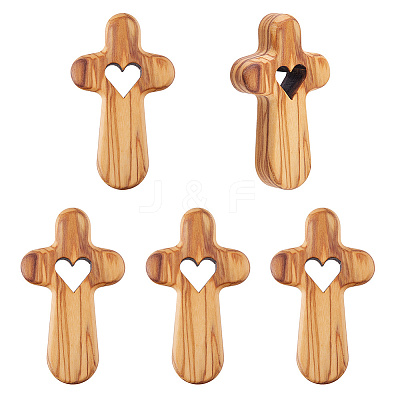 5Pcs Wood Cross with Heart Ornaments AJEW-DC0003-55-1