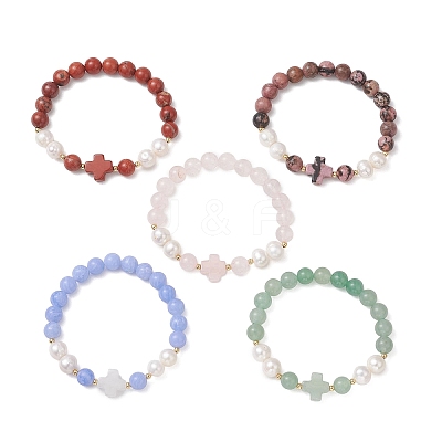Natural Mixed Gemstone & Cultured Freshwater Pearl Round Beads Stretch Bracelets for Women BJEW-JB13086-1