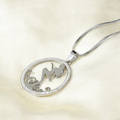 201 Stainless Steel Crystal Rhinestone Ring with Mermaid Pendant Necklaces for Women NJEW-P327-02P-1
