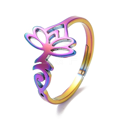 Ion Plating(IP) 304 Stainless Steel Hollow Lotus Adjustable Ring for Women RJEW-M149-32RC-1