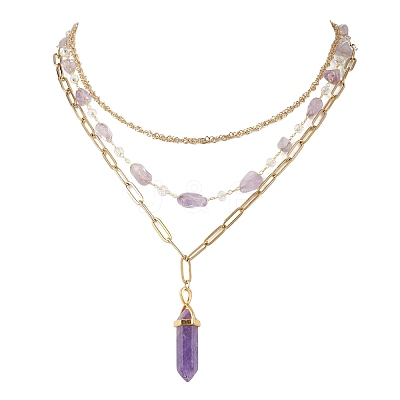 Natural Amethyst Double Terminated Pointed Bullet Pendant 304 Stainless Steel & Brass Chain 3 Layer Necklaces for Women NJEW-JN05477-01-1