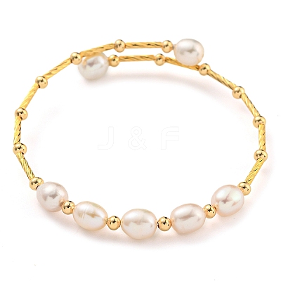 Brass & Natural Freshwater Pearl Beads Open Cuff Bangles for Women BJEW-F470-03G-01-1