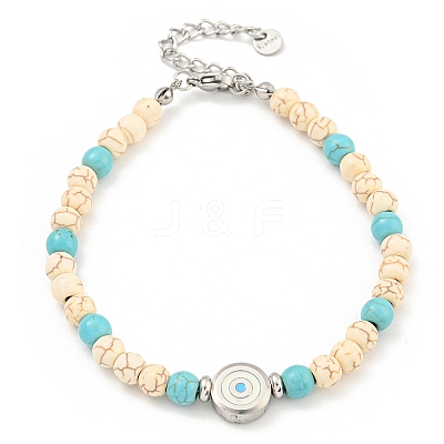 Evil Eye 304 Stainless Steel & Two Tone Synthetic Turquoise Round Beaded Bracelets for Women BJEW-G717-08P-1
