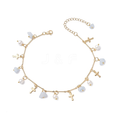 3Pcs 3 Styles Natural Aquamarine & White Moonstone & Green Aventurine Chip & Round Shell Pearl Cross Tassel Anklets AJEW-AN00716-1