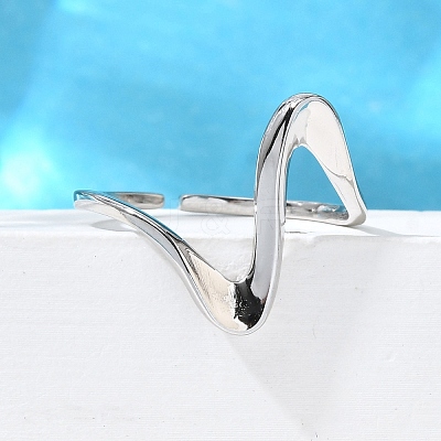 Rhodium Plated 925 Sterling Silver Wave Cuff Rings RJEW-D300-02P-1