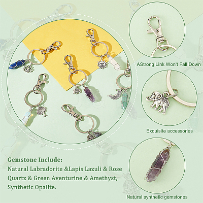 12Pcs 6 Style Natural & Synthetic Gemstone Copper Wire Wrapped Keychains KEYC-NB0001-31-1