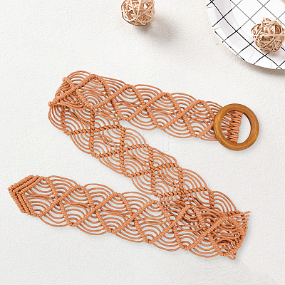 Cloth Woven Rhombus with Wood Chain Belts for Women AJEW-WH20019-125A-1