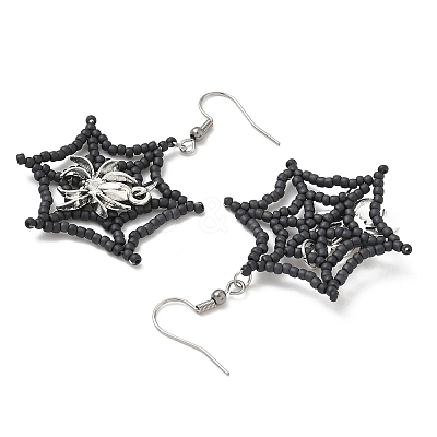 Halloween Theme Spider Web with Spider Handmade Glass Seed Beaded Dangle Earrings EJEW-MZ00481-01-1