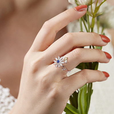 8Pcs 8 Style Flower & Butterfly & Diamond Rhinestone Rotating Open Cuff Rings Set with Glass RJEW-AN0001-12-1