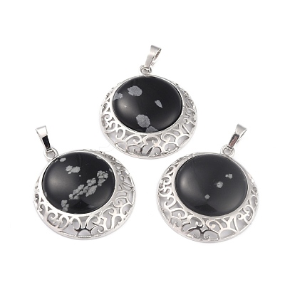 Natural Snowflake Obsidian Pendants with Hollow Platinum Brass Findings G-P448-A11-P-1