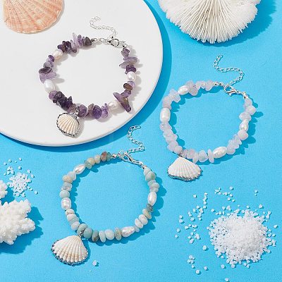3Pcs 3 Style Natural Shell Charm Bracelets Set BJEW-TA00396-1